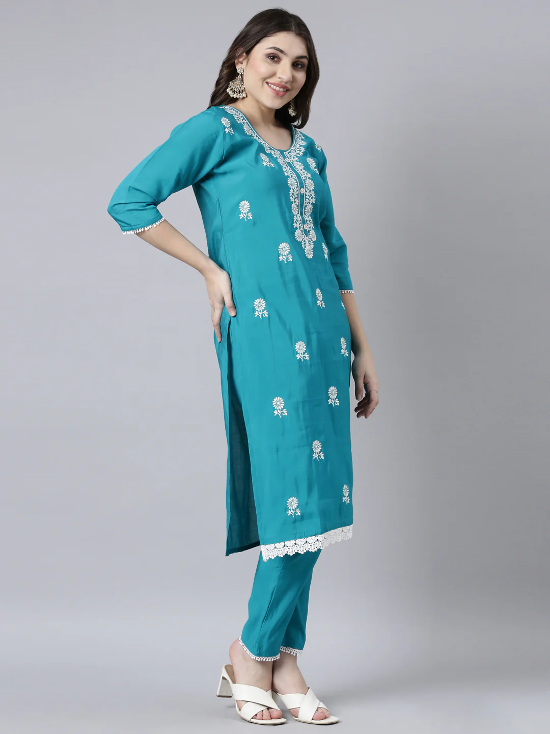 Neerus Blue Regular Straight Floral Kurta And Trousers With Dupatta - Image 2