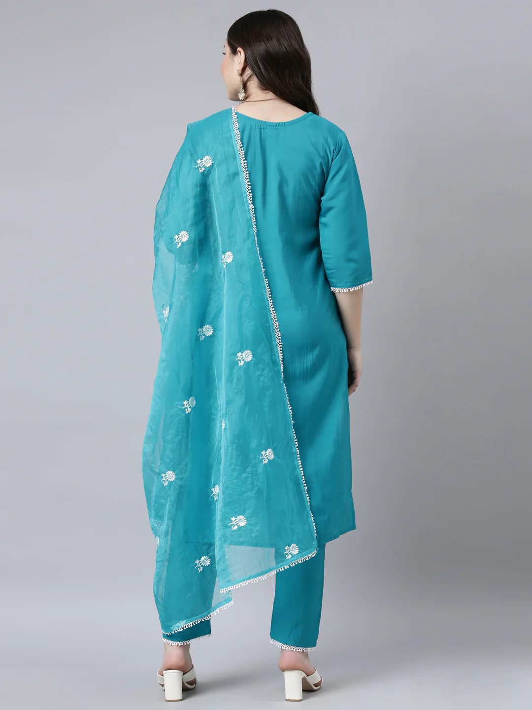 Neerus Blue Regular Straight Floral Kurta And Trousers With Dupatta - Image 3