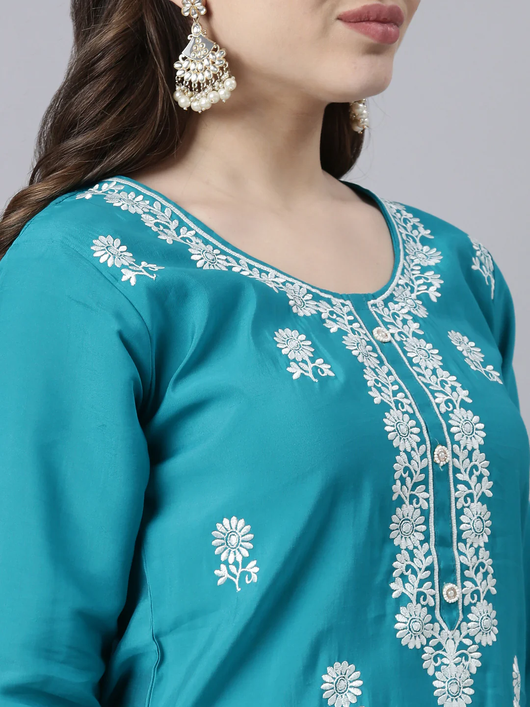 Neerus Blue Regular Straight Floral Kurta And Trousers With Dupatta - Image 4