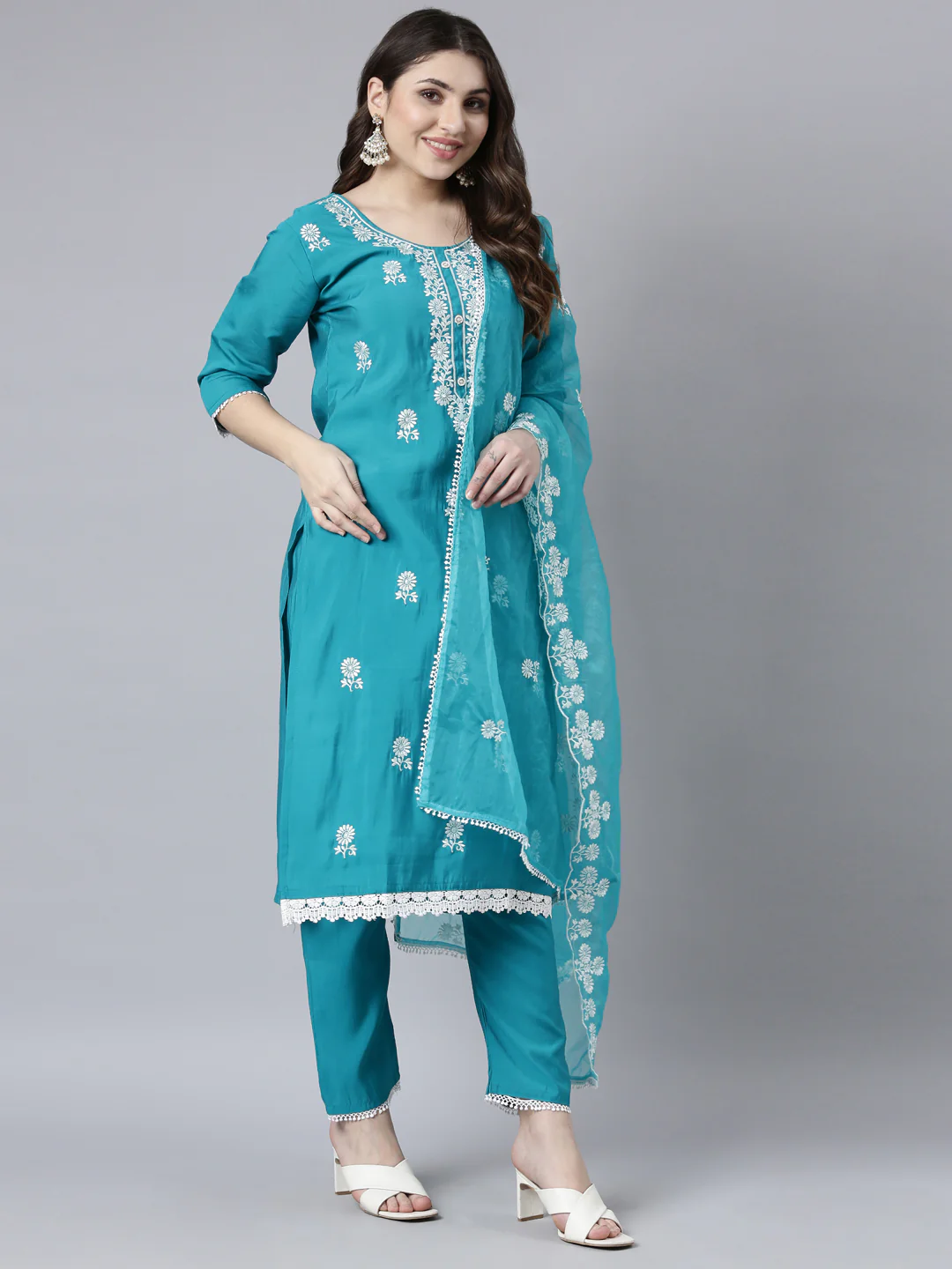 Neerus Blue Regular Straight Floral Kurta And Trousers With Dupatta - Image 5