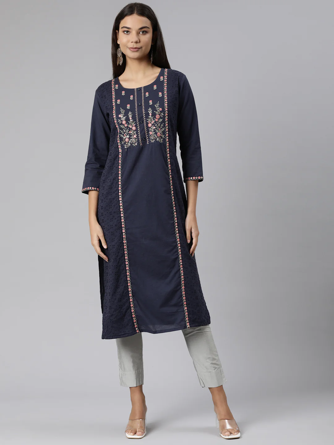 Neerus Blue Regular Straight Floral Kurta