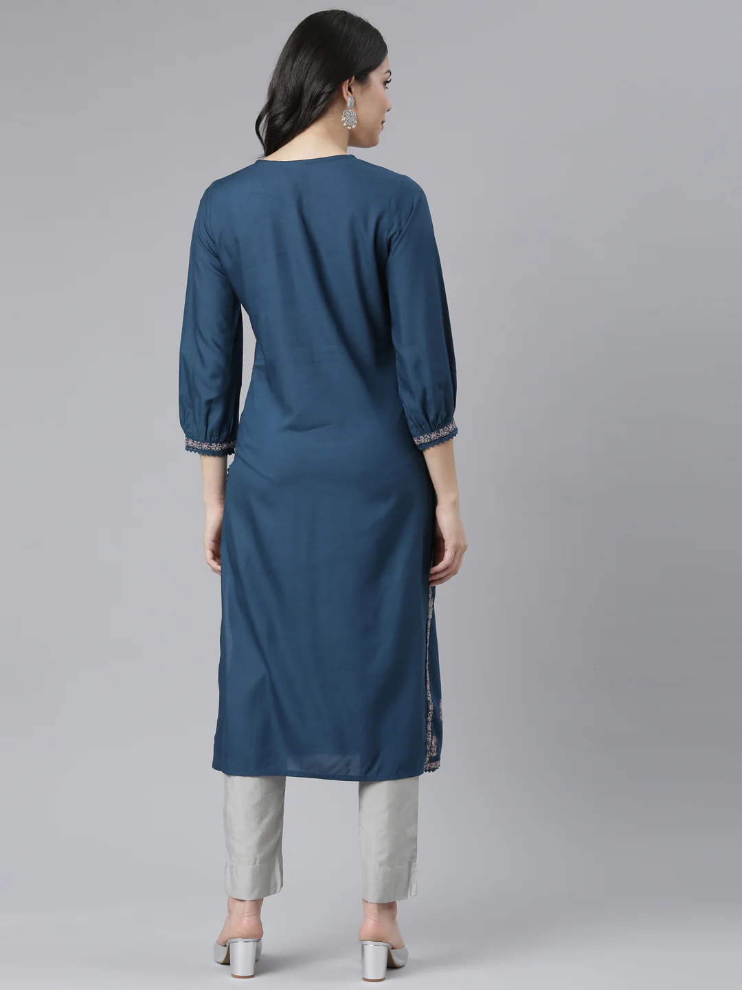 Neerus Blue Regular Straight Floral Kurta - Image 3