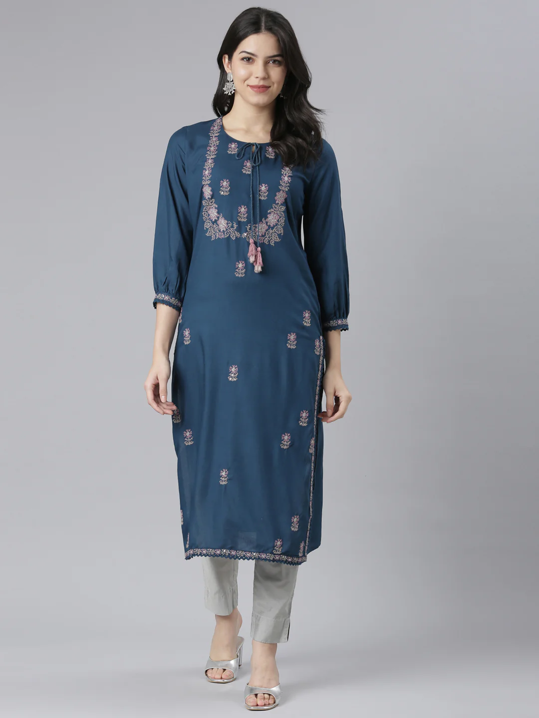 Neerus Blue Regular Straight Floral Kurta - Image 5