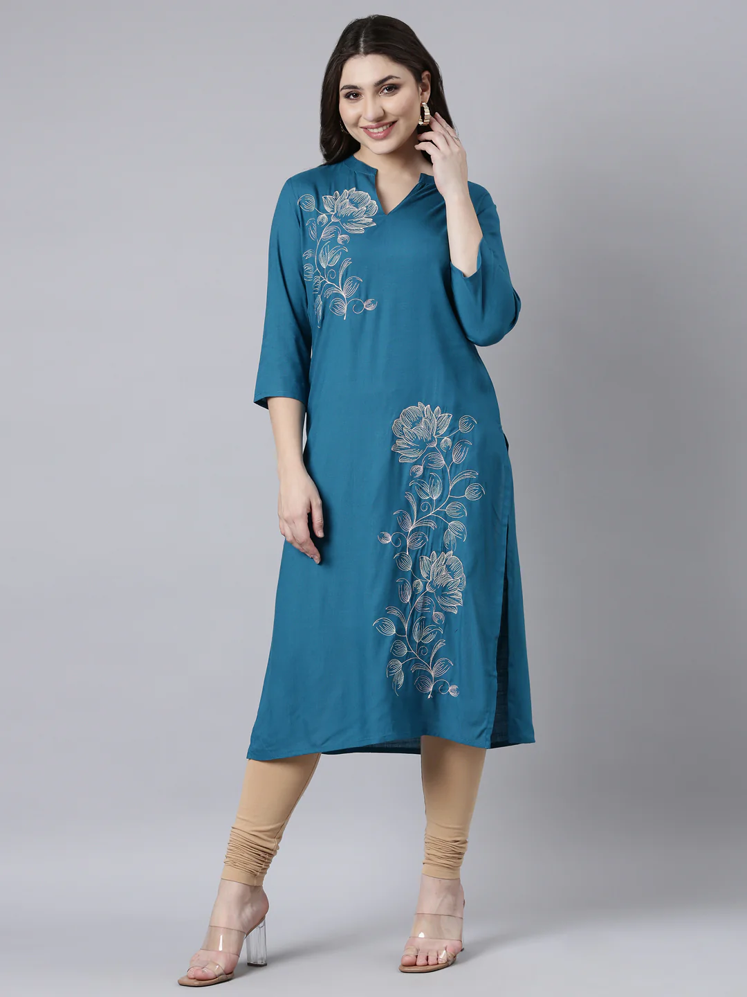 Neerus Blue Regular Straight Floral Kurta