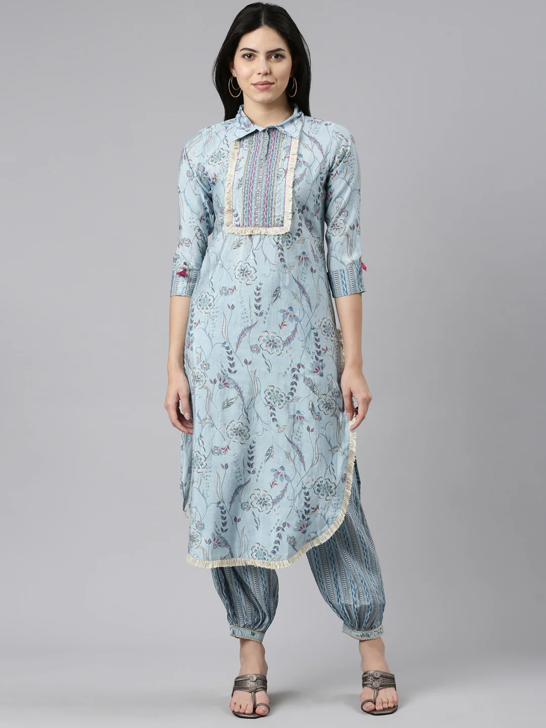 Neerus Blue Regular Straight Printed Kurta And Salwar With Dupatta