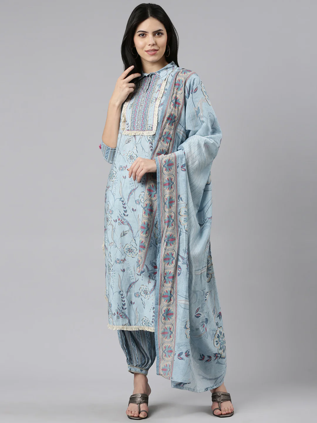 Neerus Blue Regular Straight Printed Kurta And Salwar With Dupatta - Image 5