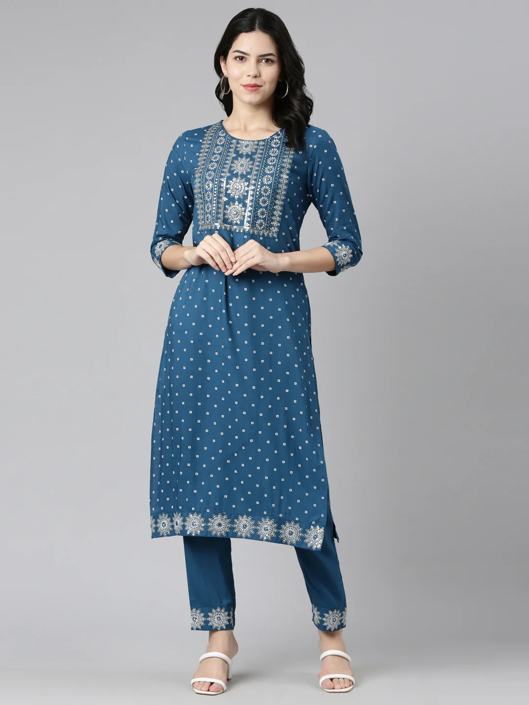 Neerus Blue Regular Straight Printed Kurta And Trousers - Image 5