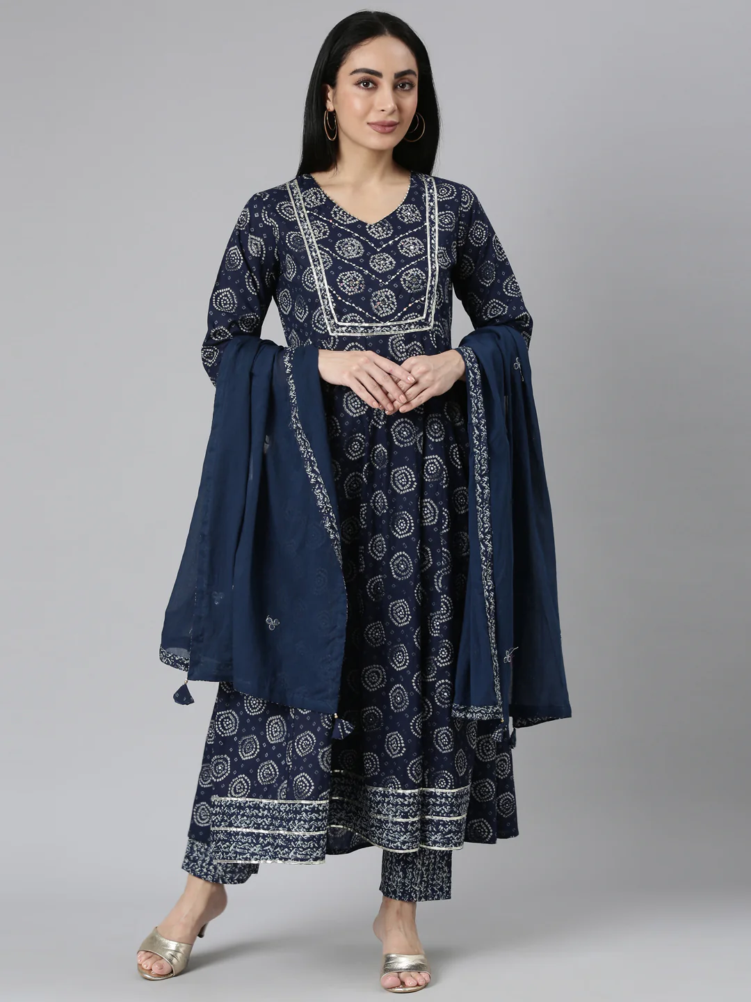 Neerus Blue Regular Straight Printed Kurta and Trousers With Dupatta