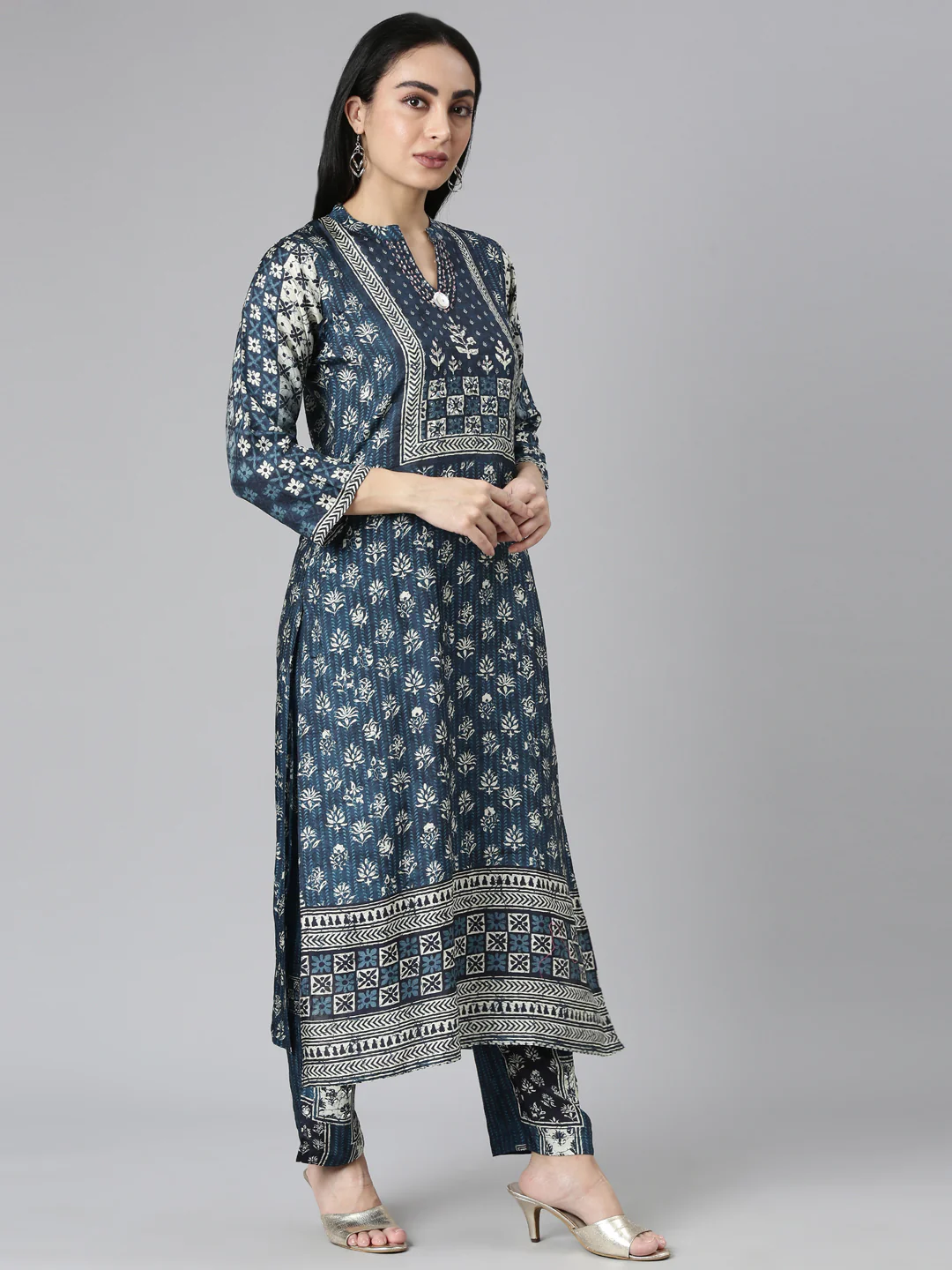Neerus Blue Regular Straight Printed Kurta and Trousers With Dupatta - Image 2