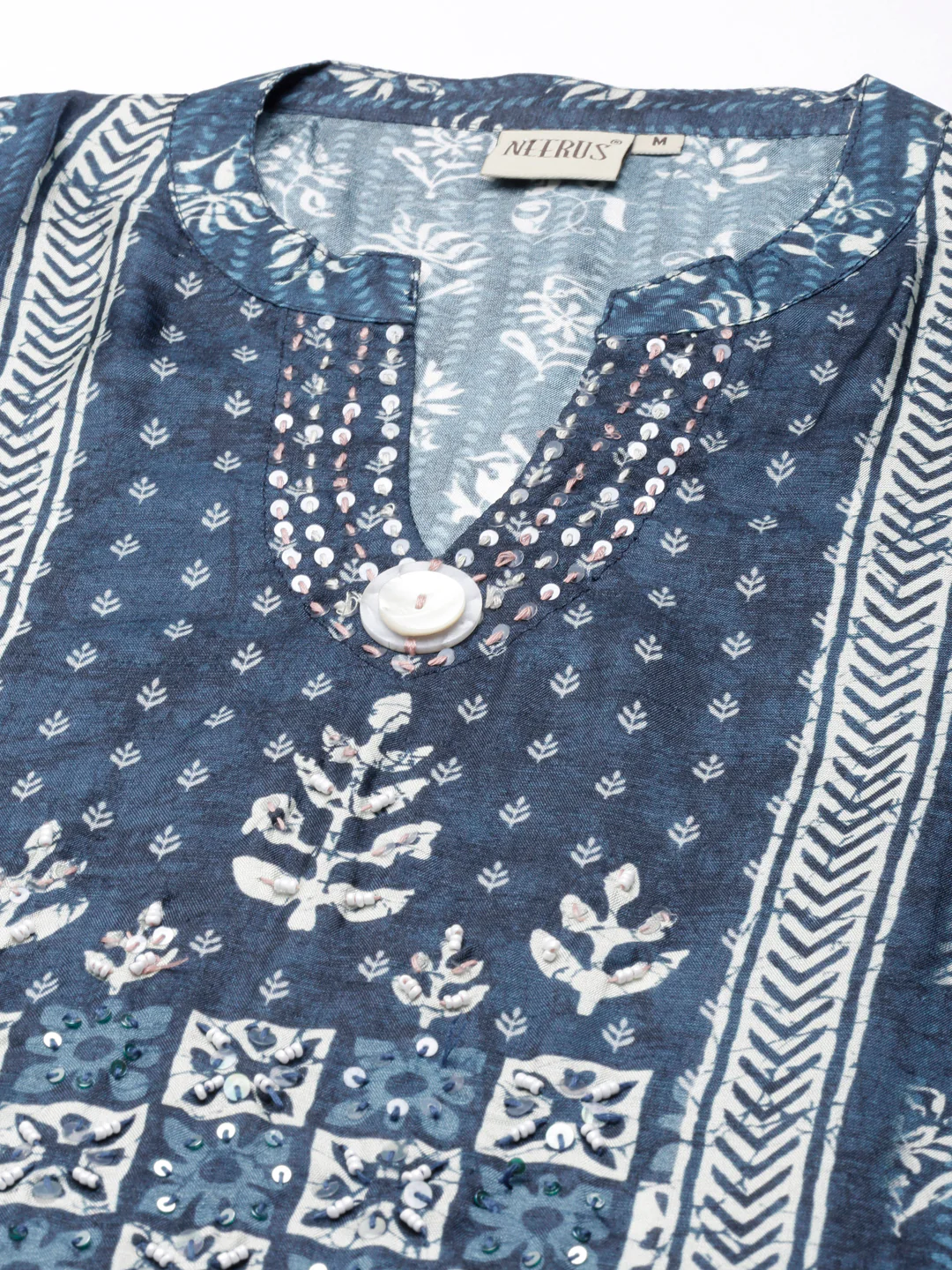 Neerus Blue Regular Straight Printed Kurta and Trousers With Dupatta - Image 4