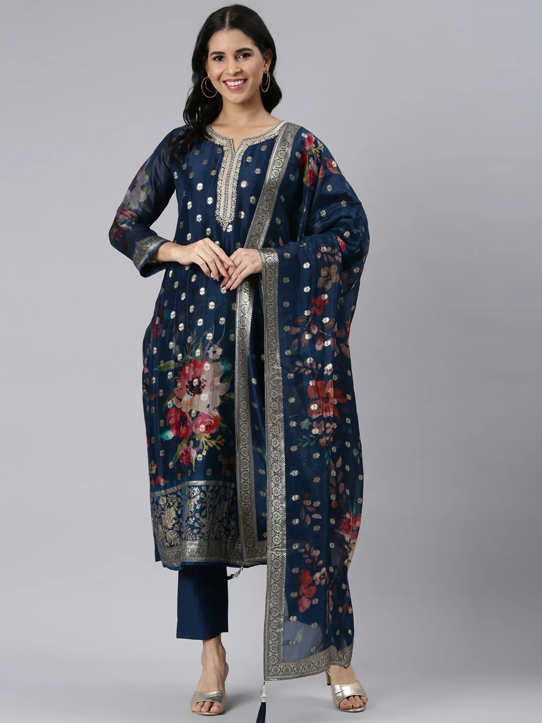 Neerus Blue Regular Straight Printed Kurta and Trousers With Dupatta