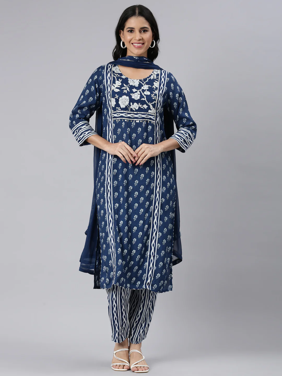 Neerus Blue Regular Straight Printed Kurta and Trousers With Dupatta