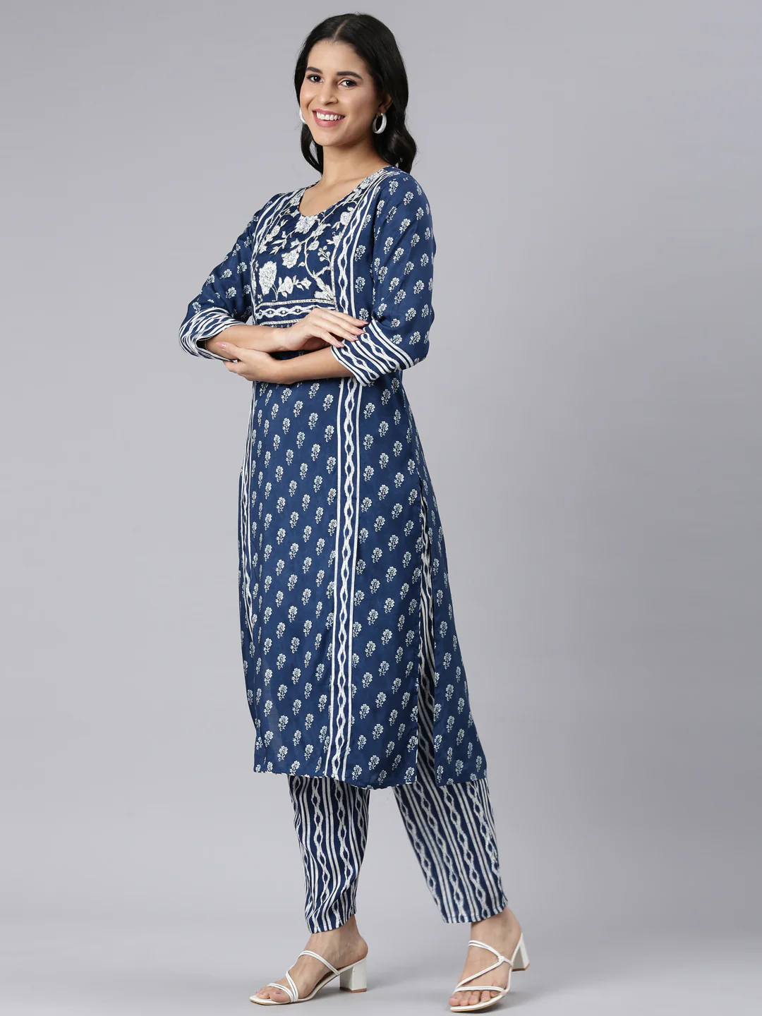 Neerus Blue Regular Straight Printed Kurta and Trousers With Dupatta - Image 2
