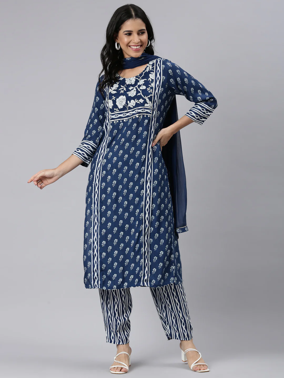 Neerus Blue Regular Straight Printed Kurta and Trousers With Dupatta - Image 5