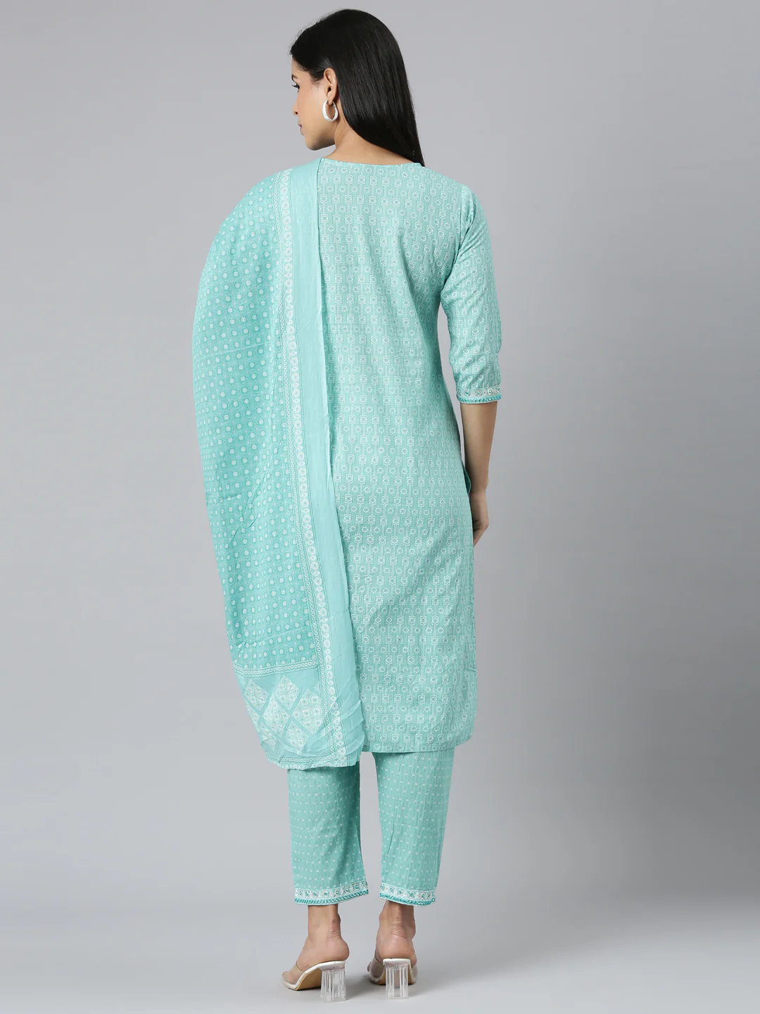 Neerus Blue Regular Straight Printed Kurta and Trousers With Dupatta - Image 3