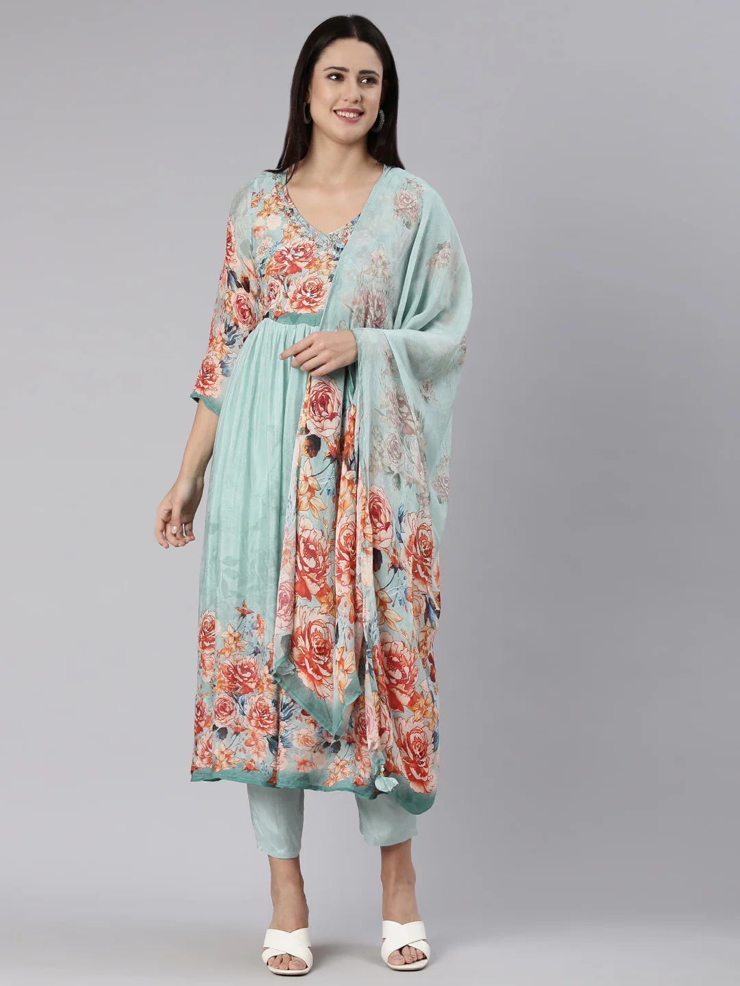 Neerus Blue Regular Straight Printed Readymade suits