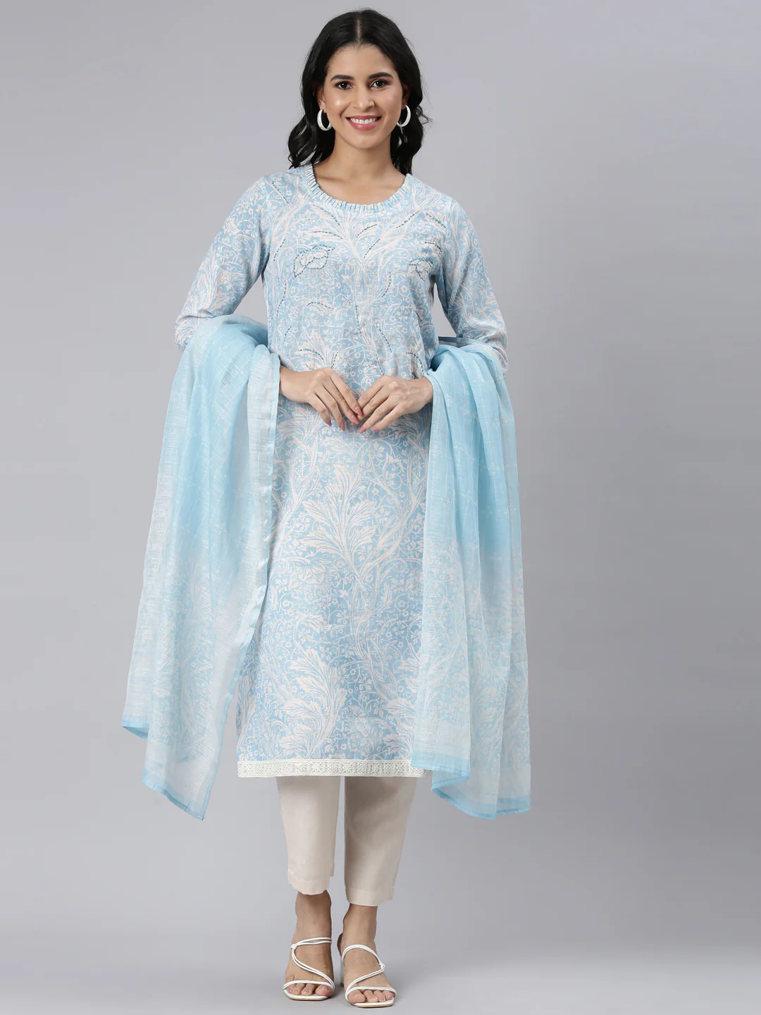 Neerus Blue Regular Straight Printed Kurta and Trousers With Dupatta