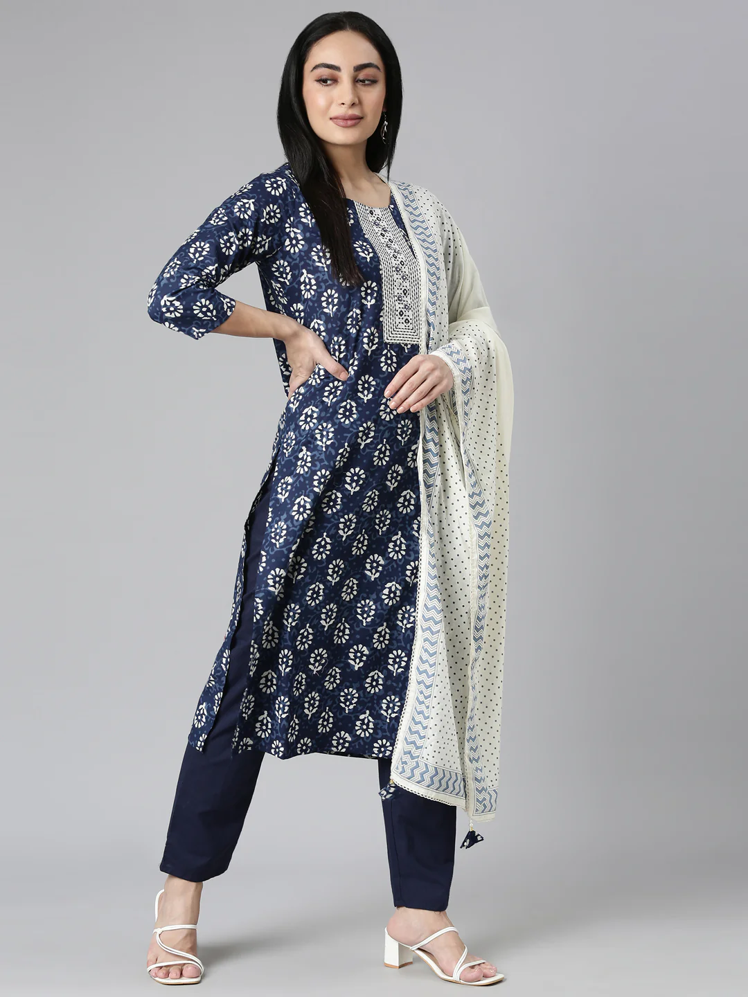 Neerus Blue Regular Straight Printed Kurta and Trousers With Dupatta - Image 5