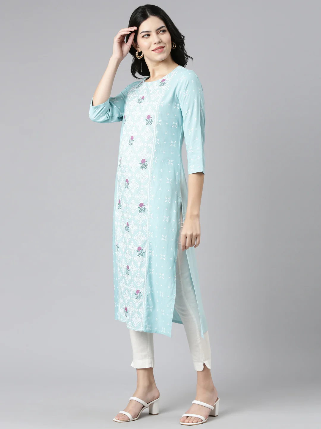 Neerus Blue Regular Straight Printed Kurta - Image 2