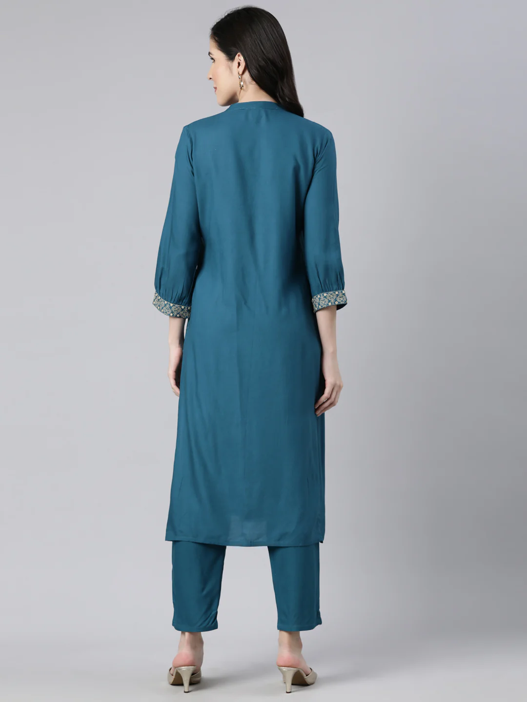 Neerus Blue Regular Straight Solid Kurta And  Trousers - Image 3