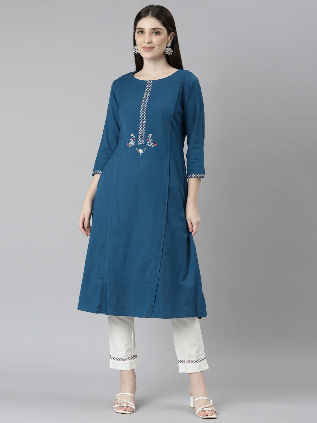 Neerus Blue Regular Straight Solid Kurta And Trousers