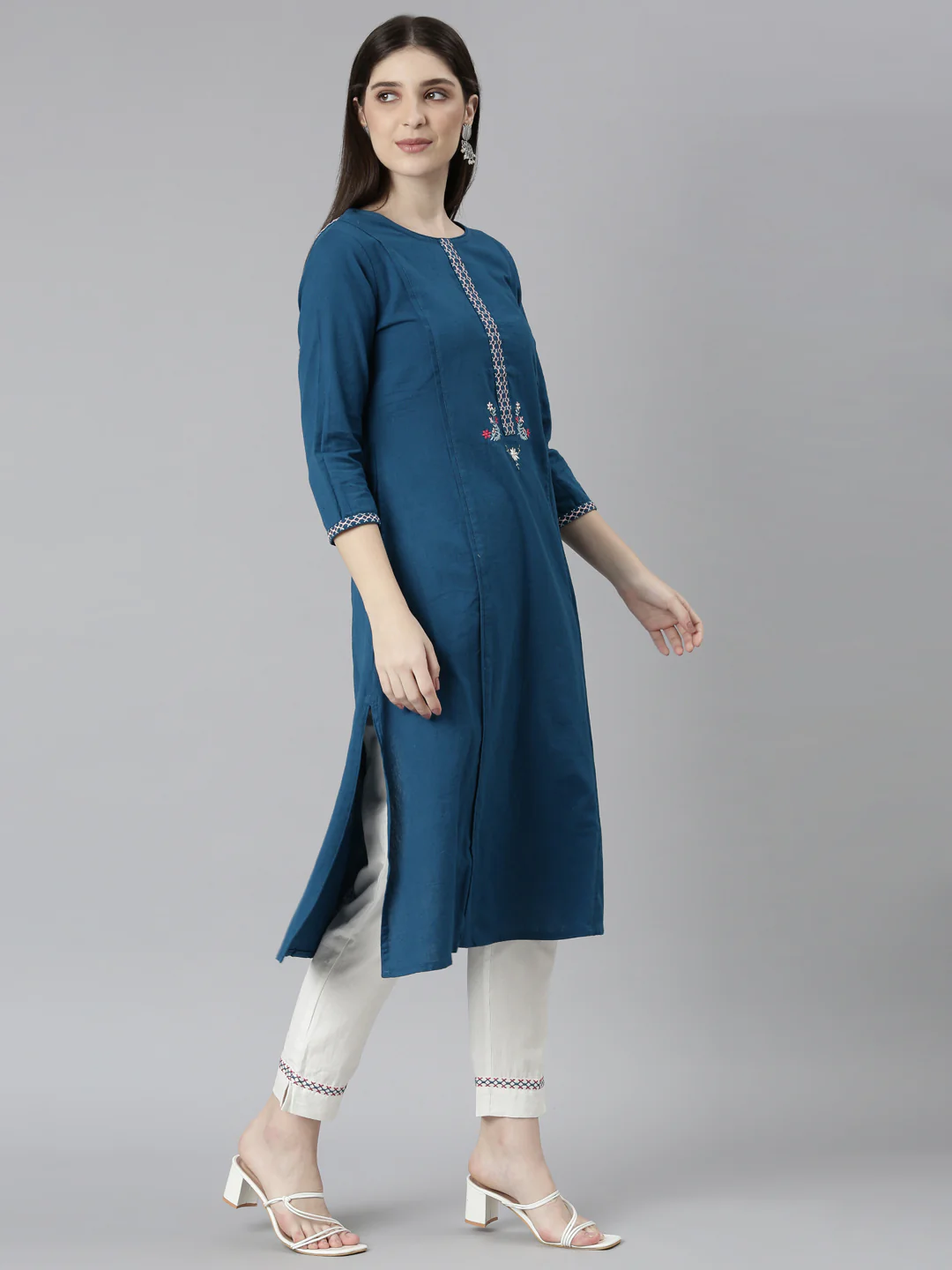 Neerus Blue Regular Straight Solid Kurta And Trousers - Image 2