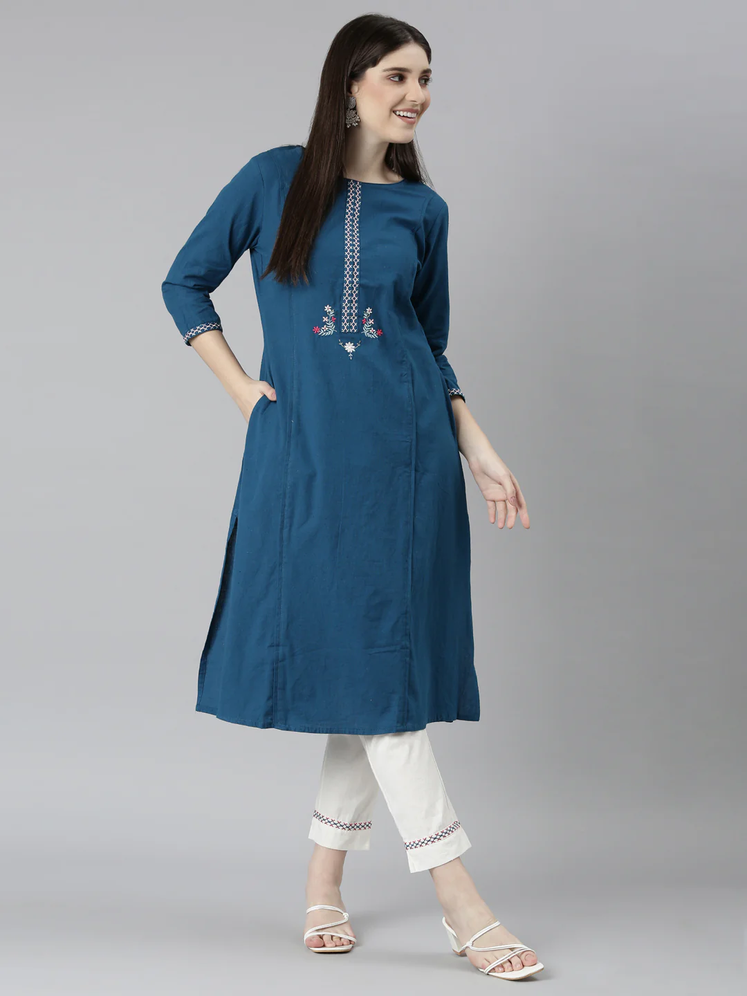 Neerus Blue Regular Straight Solid Kurta And Trousers - Image 5