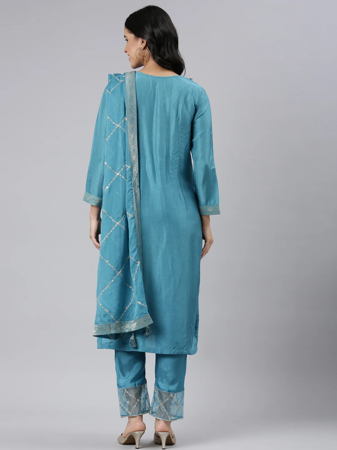 Neerus Blue Regular Straight Solid Kurta and Trousers With Dupatta - Image 3