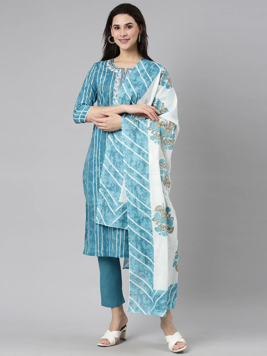 Neerus Blue Regular Straight Striped Kurta And Trousers With Dupatta