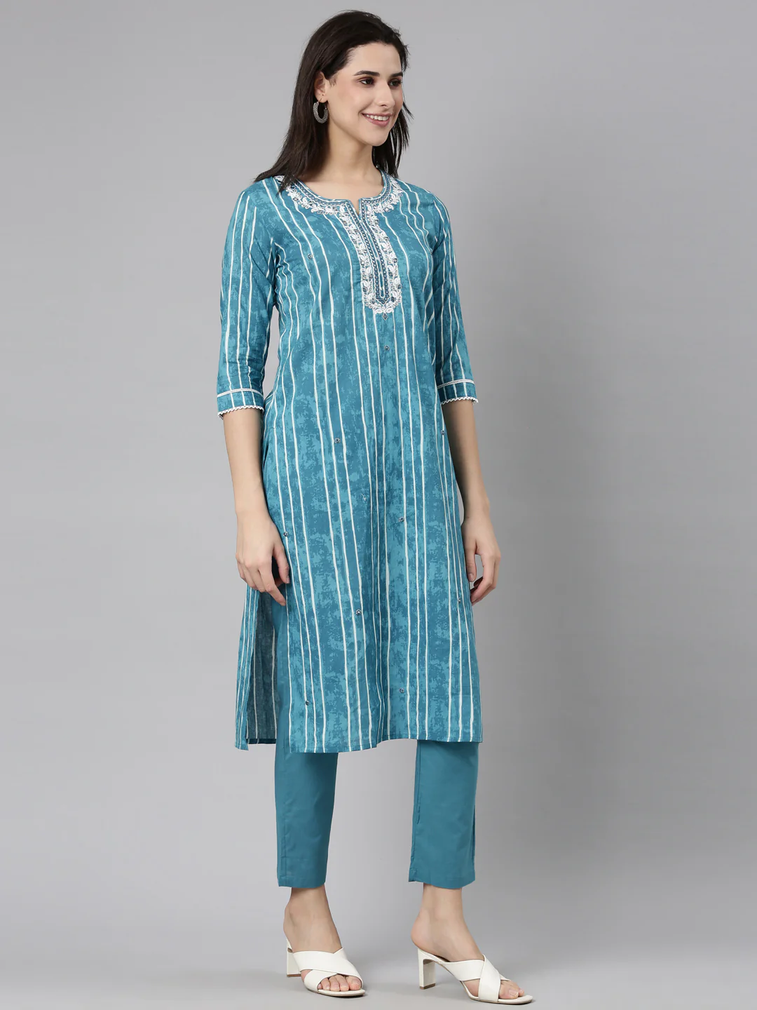 Neerus Blue Regular Straight Striped Kurta And Trousers With Dupatta - Image 2