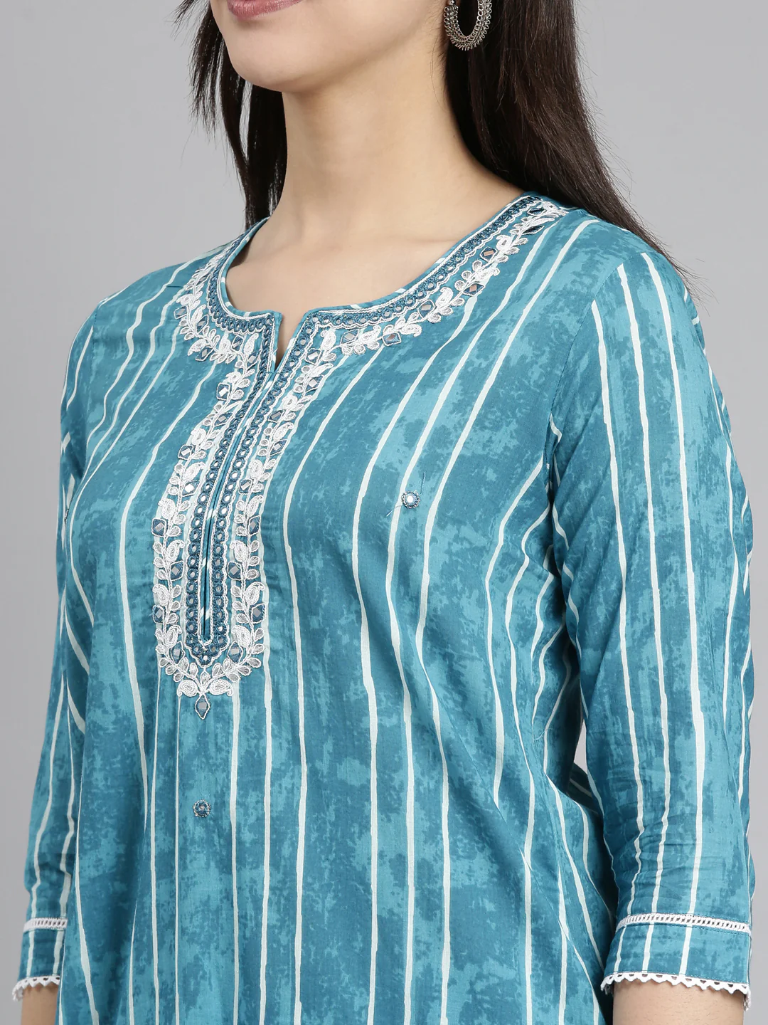 Neerus Blue Regular Straight Striped Kurta And Trousers With Dupatta - Image 4