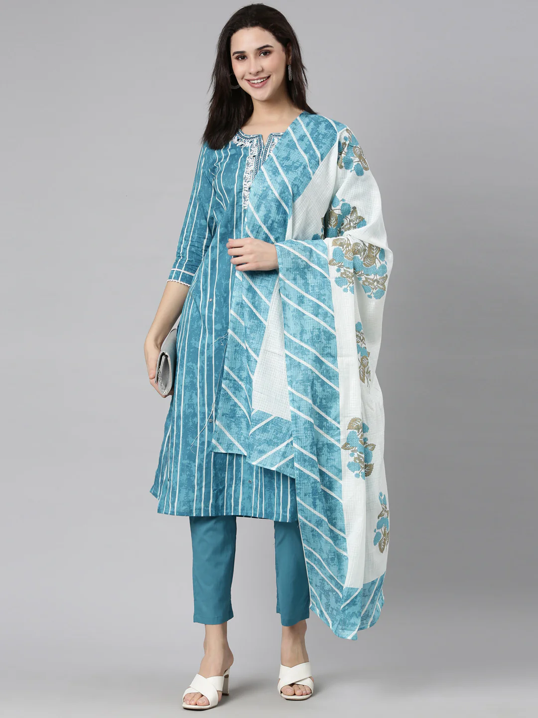Neerus Blue Regular Straight Striped Kurta And Trousers With Dupatta - Image 5