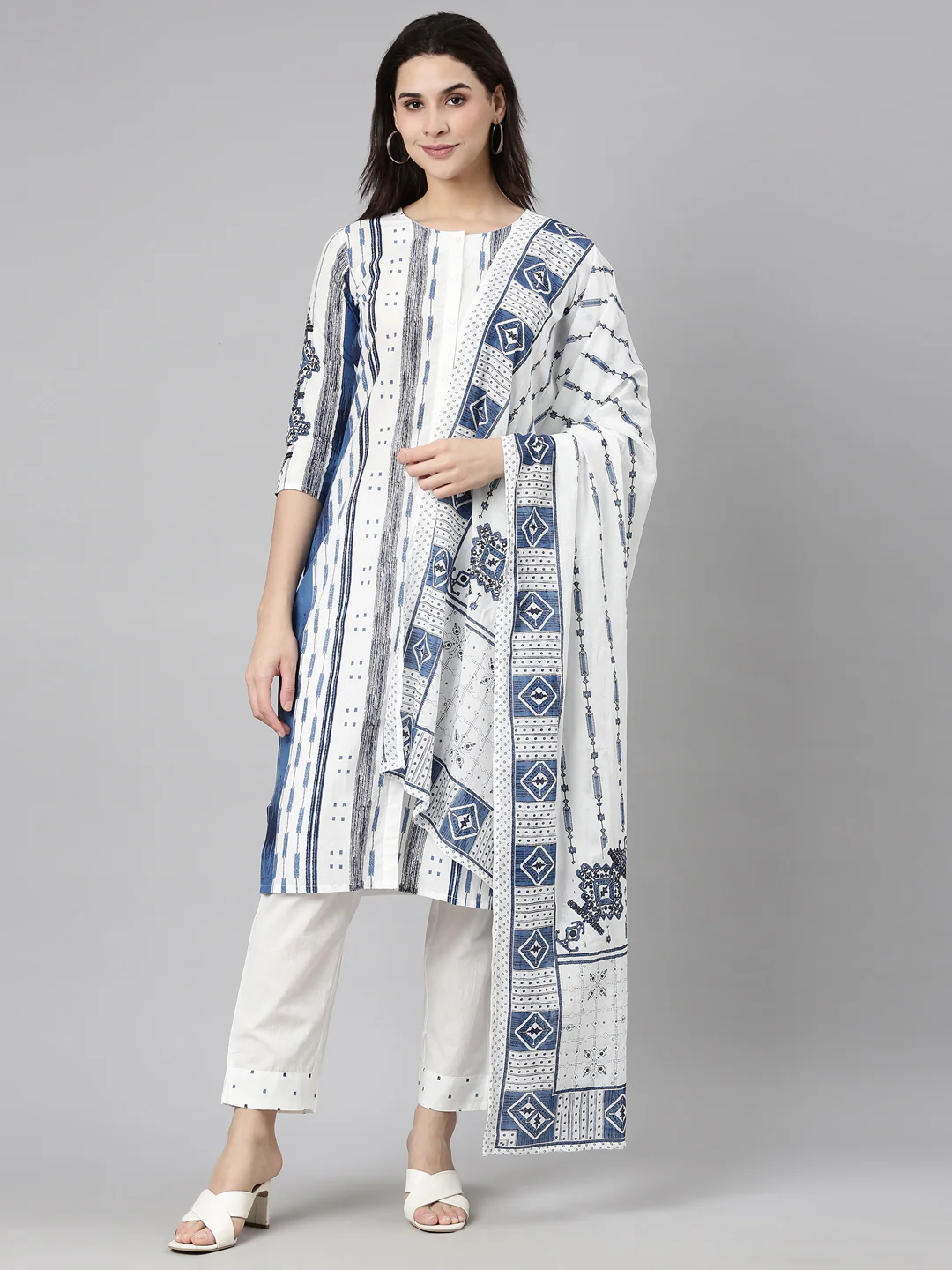 Neerus Blue Regular Straight Textured Kurta And Trousers With Dupatta