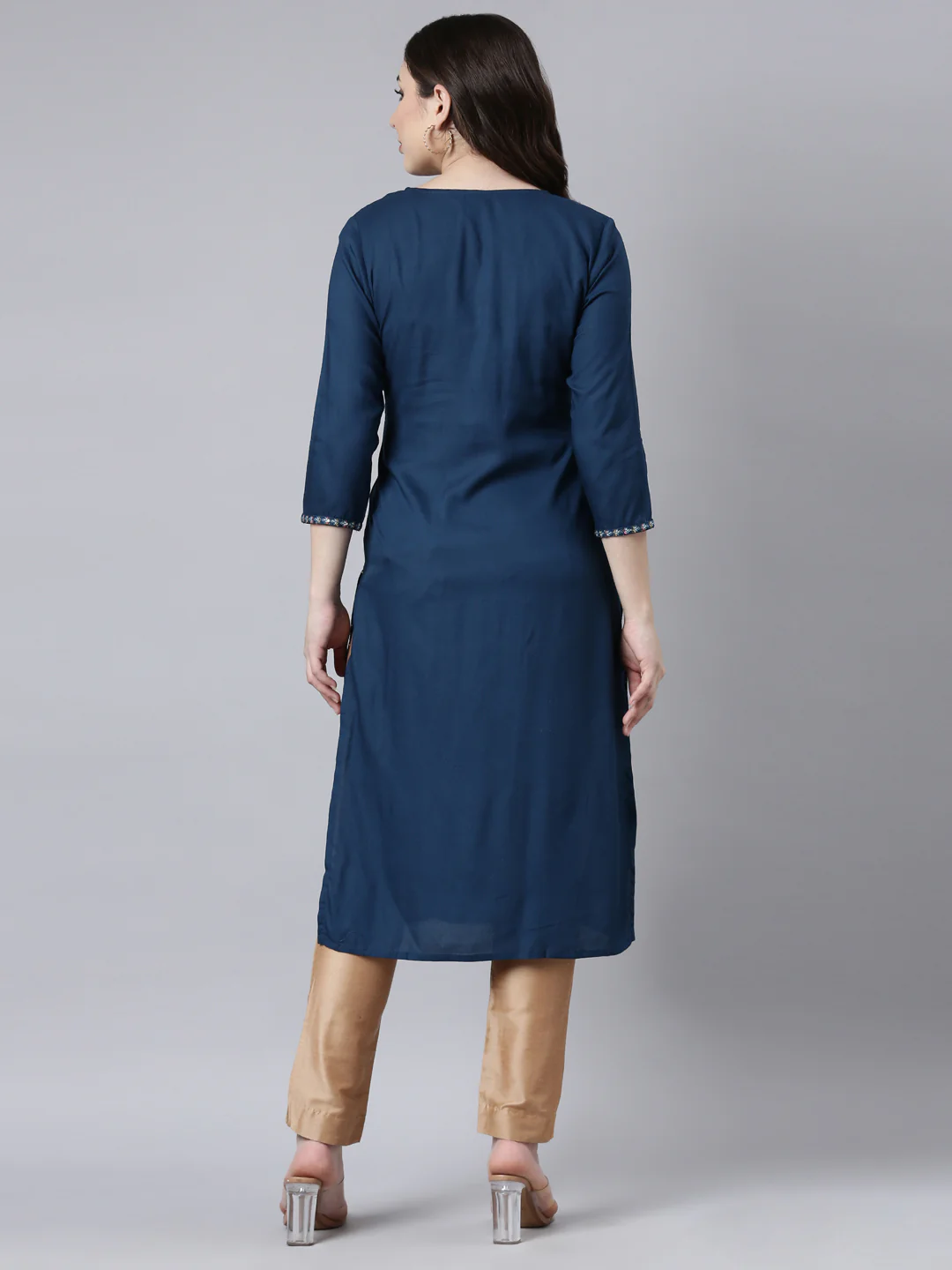 Neerus Blue Regular Straight Woven Design Kurta - Image 3