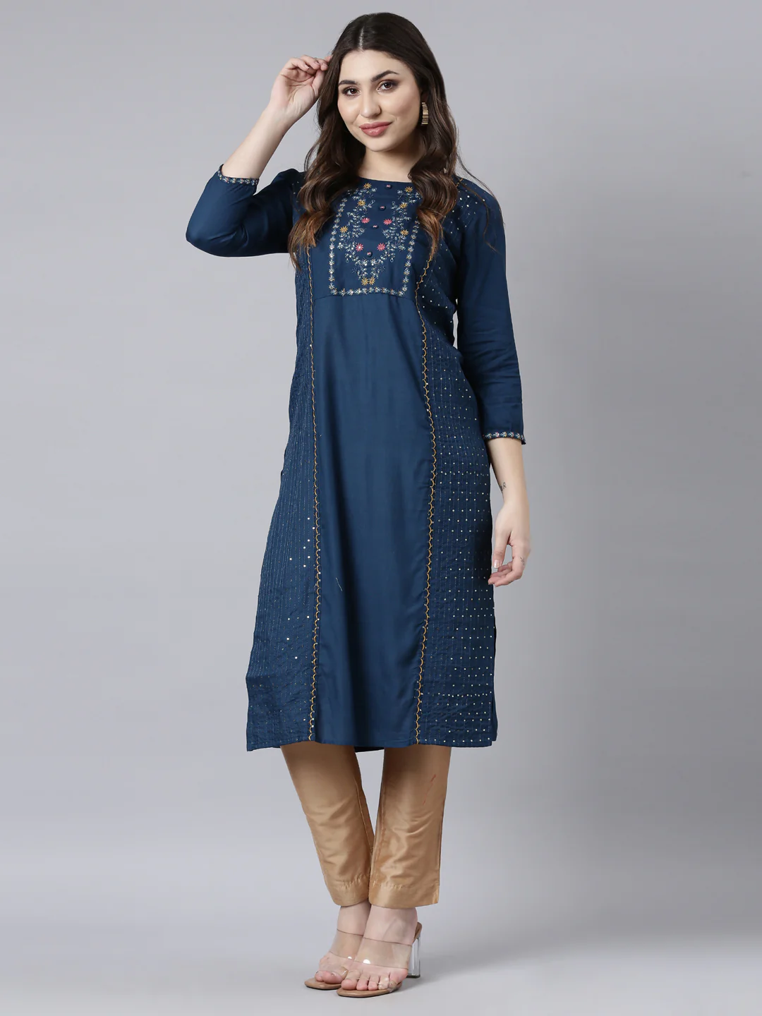 Neerus Blue Regular Straight Woven Design Kurta - Image 5