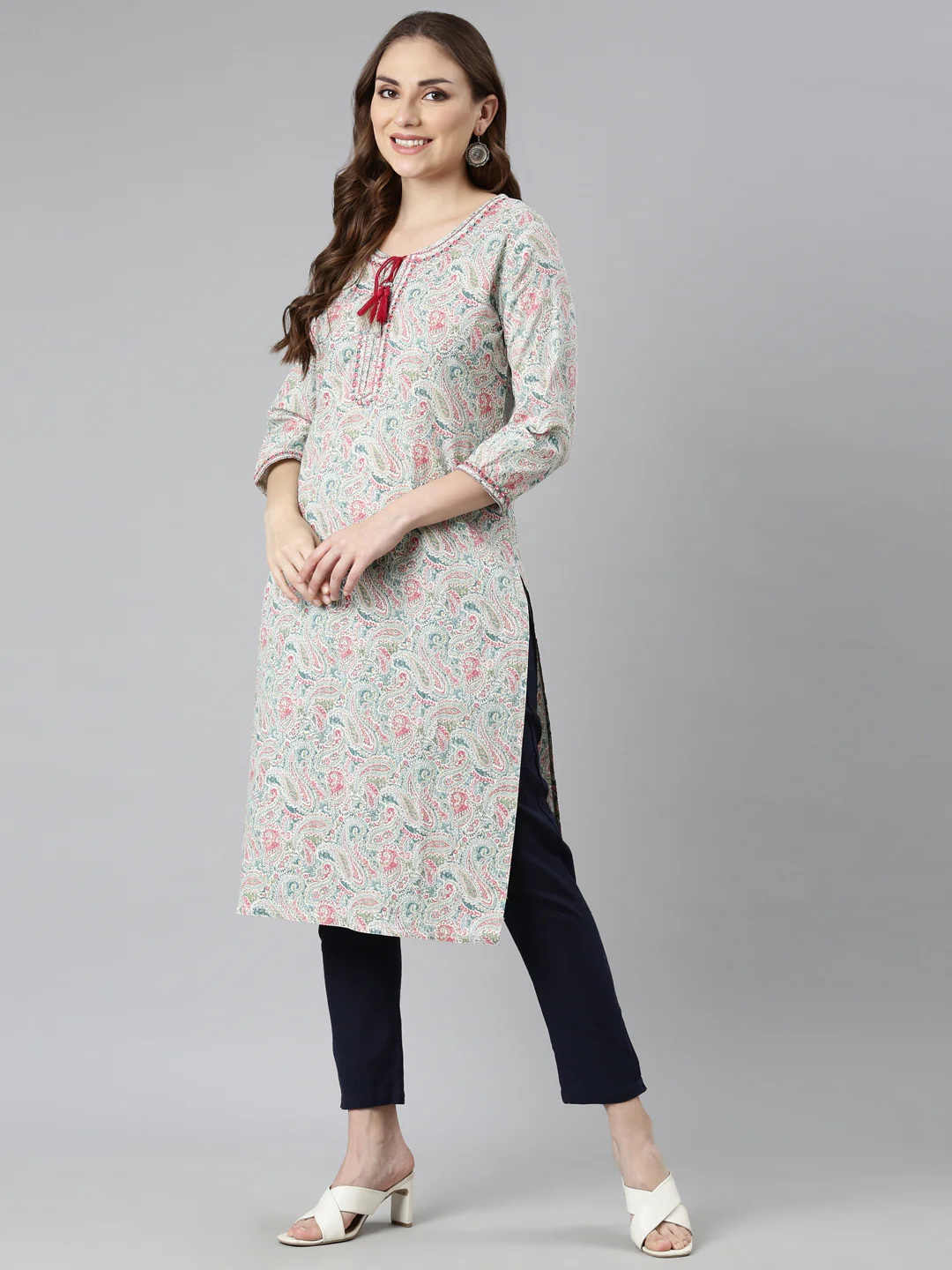 Neerus Blue Regular Straight Woven Design Kurta - Image 4