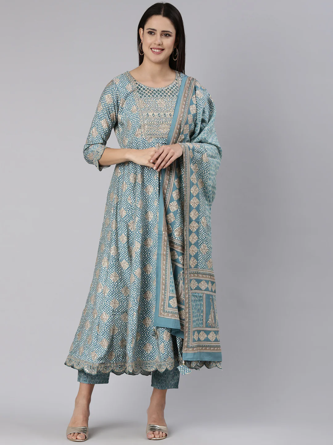 Neerus Blue Regular Straight Yoke Design Readymade suits