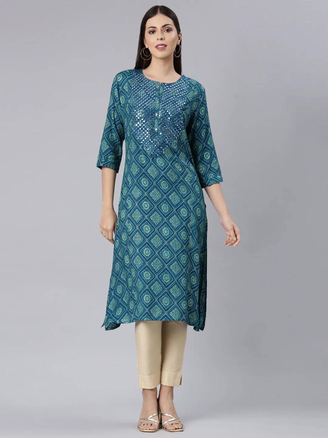 Neerus Blue Straight Casual Bandhani Straight Kurta