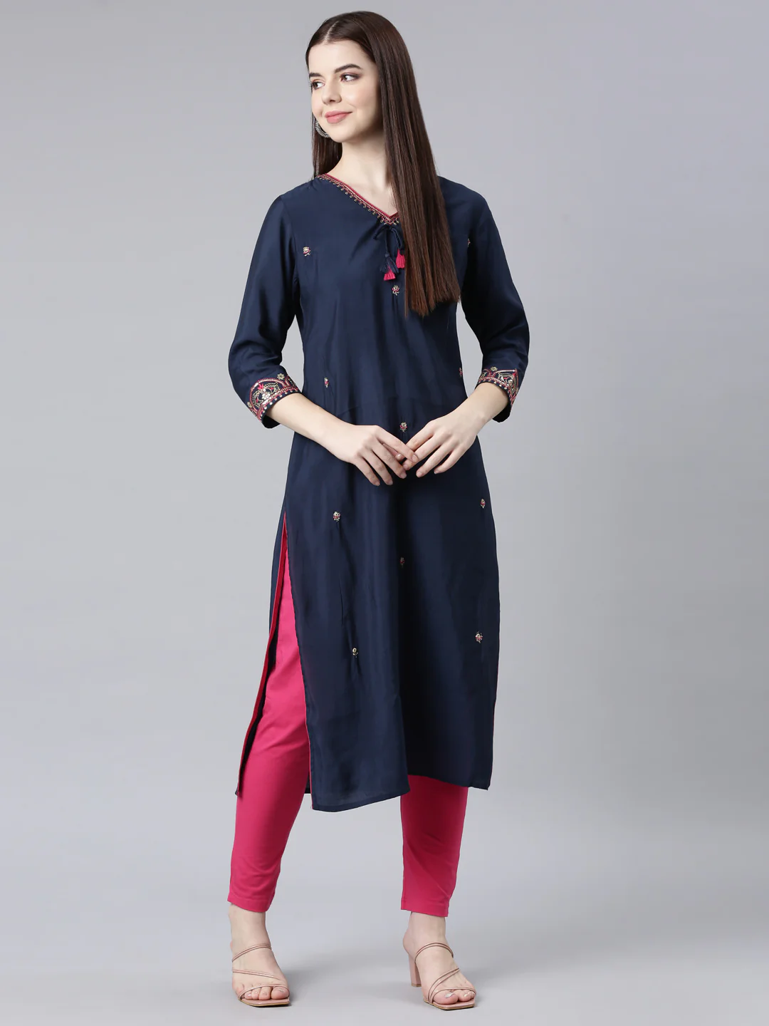 Neerus Blue Straight Casual Embellished Straight Kurta - Image 6