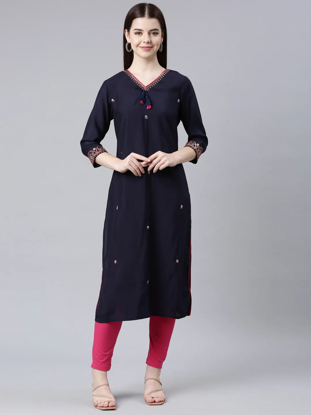 Neerus Blue Straight Casual Embellished Straight Kurta