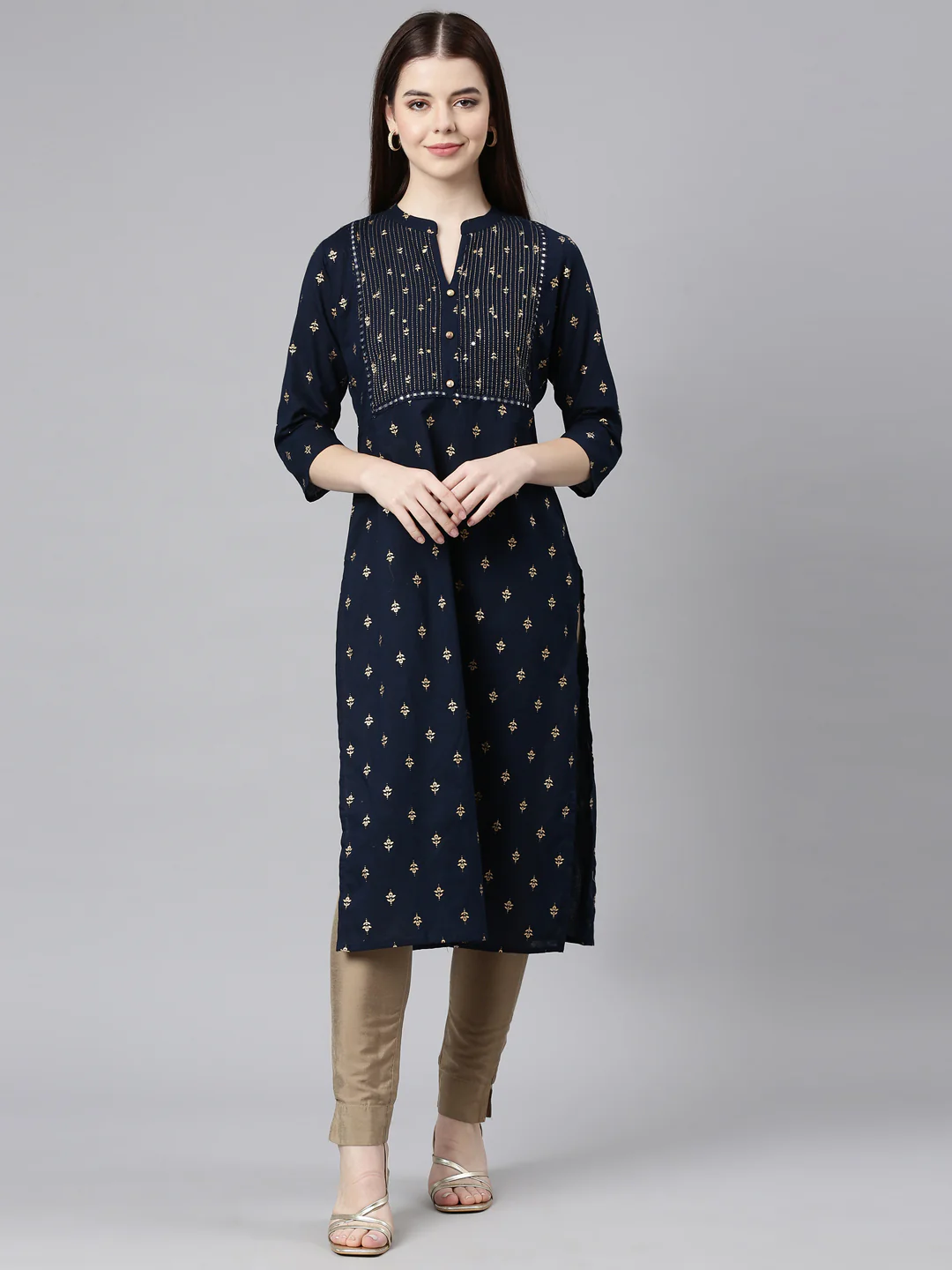 Neerus Blue Straight Casual Embellished Straight Kurta
