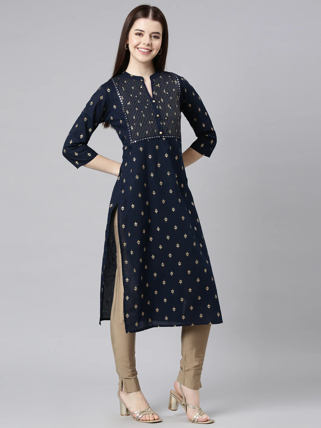 Neerus Blue Straight Casual Embellished Straight Kurta - Image 3