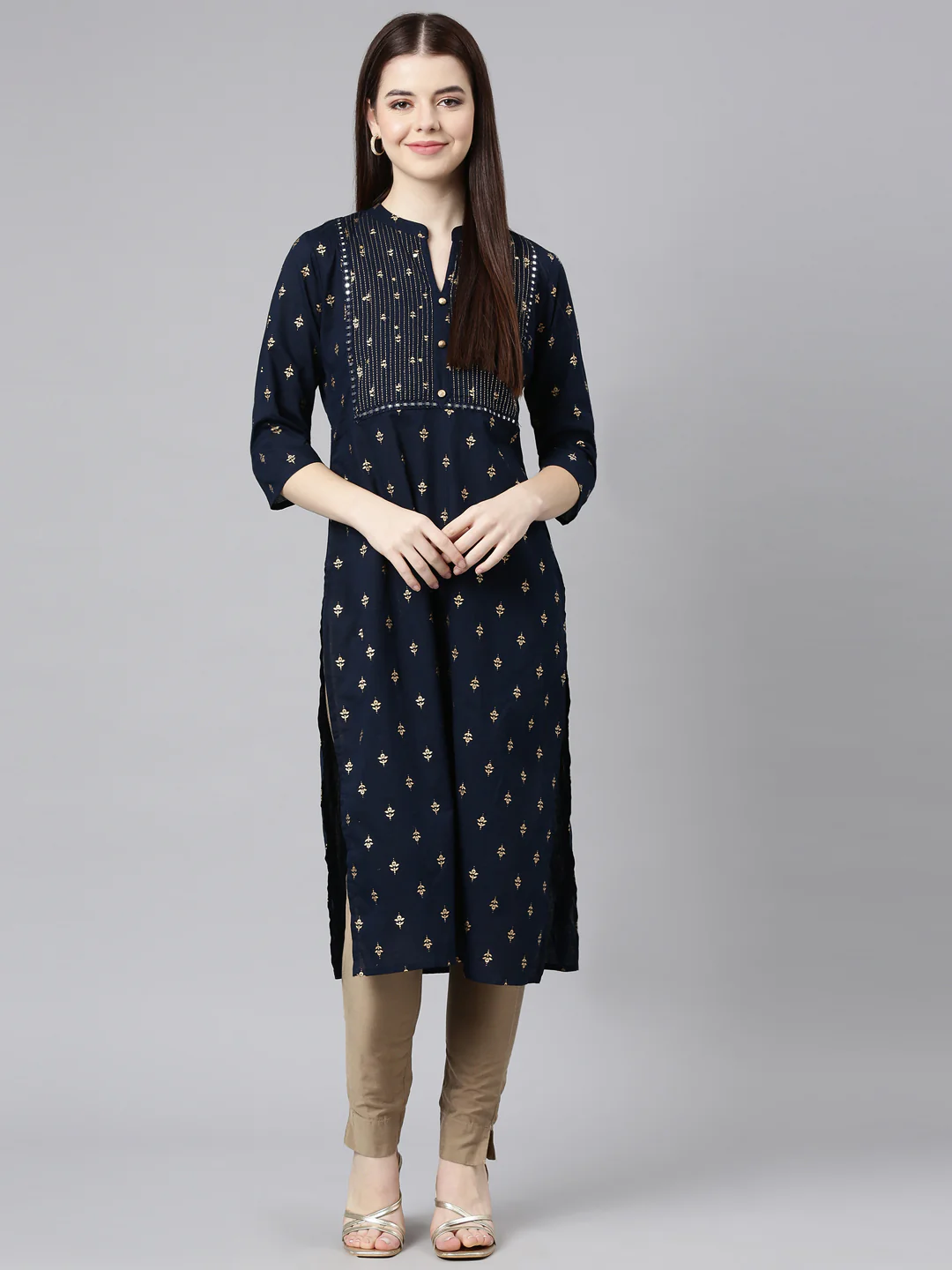 Neerus Blue Straight Casual Embellished Straight Kurta - Image 7