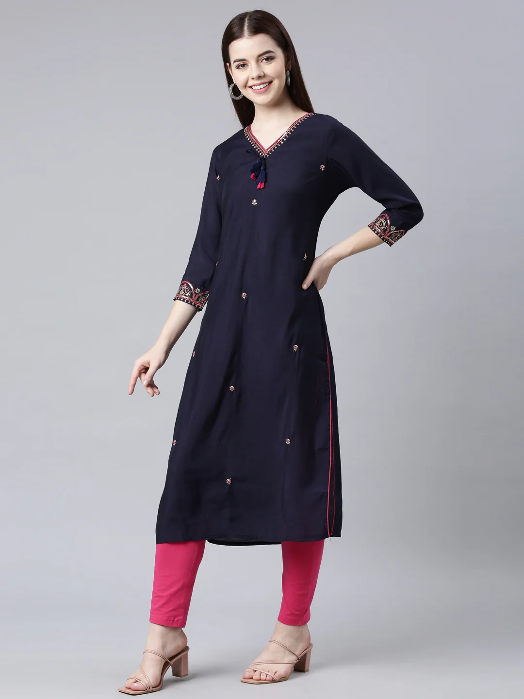 Neerus Blue Straight Casual Embellished Straight Kurta - Image 2