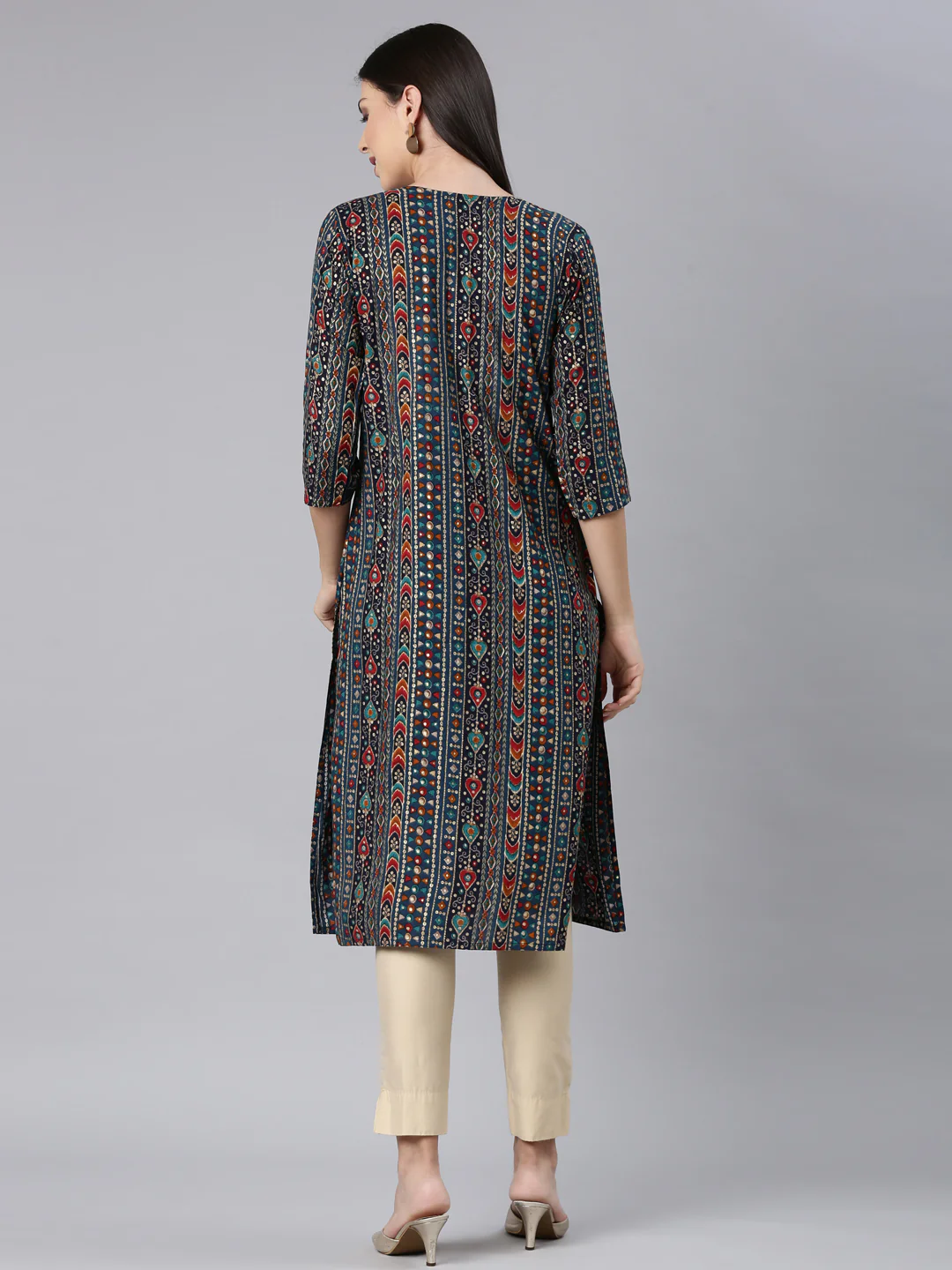 Neerus Blue Straight Casual Embellished Straight Kurta - Image 4