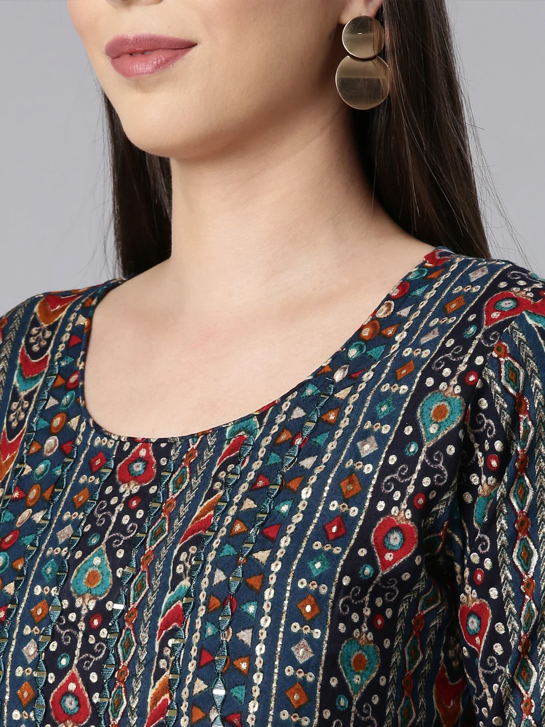 Neerus Blue Straight Casual Embellished Straight Kurta - Image 5