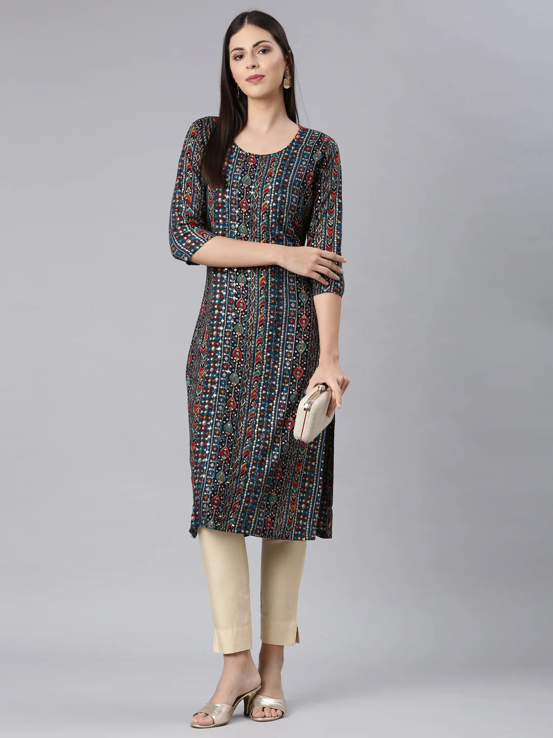 Neerus Blue Straight Casual Embellished Straight Kurta - Image 6