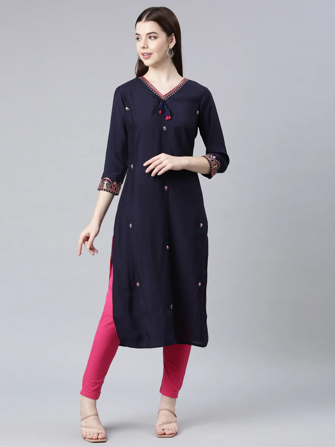 Neerus Blue Straight Casual Embellished Straight Kurta - Image 6