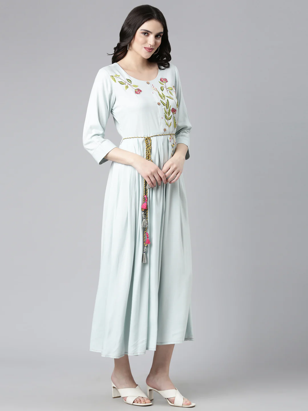 Neerus Blue Straight Casual Embroidered Gown - Image 2