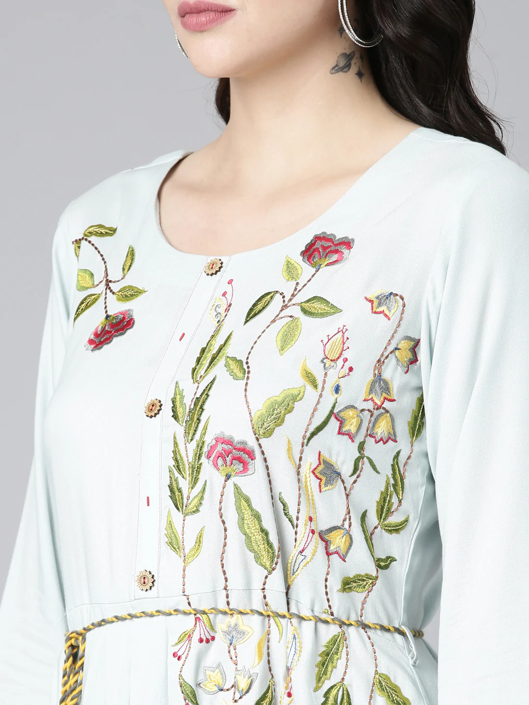 Neerus Blue Straight Casual Embroidered Gown - Image 4